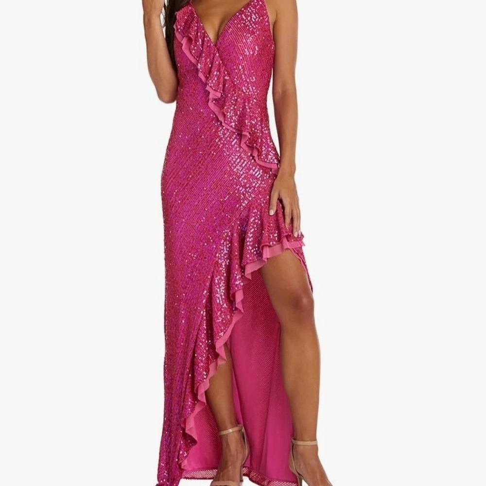 Morgan & Co Pink Asymmetrical Ruffled Prom Gown